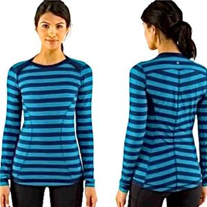 Lululemon Base Runner Inkwell Stripe Navy Teal Blue Sz 4 Ruffle Mesh Thumb Holes
